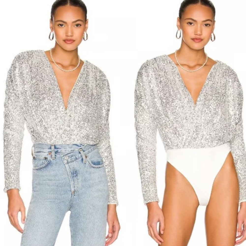 NEW Lovers & Friends Ginger Thong Bodysuit Silver Sequins Size XS Holiday Party